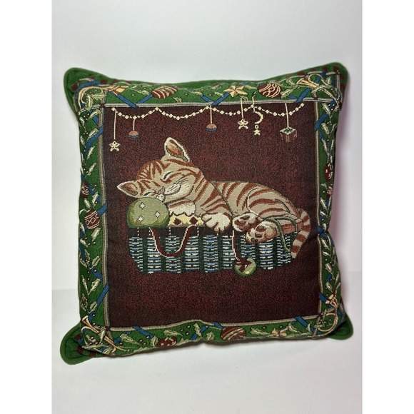 Christmas Cat Throw Pillow Vintage Tapestry Red Green Ornaments Basket Holly - Picture 1 of 8